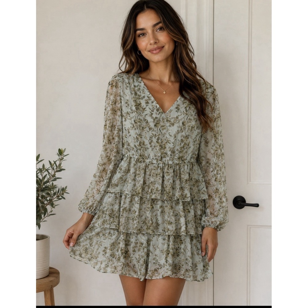 Chelsea28 Dress Womens M Sage Green Floral Tiered Ruffle Chiffon Boho Mini
